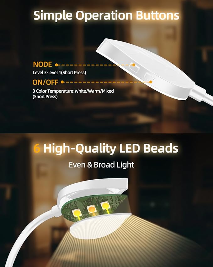 Rechargeable Book Lights for Reading at Night - Eye,3 Color Temperatures,3 Brightness Levels,Flexible Goose Neck Clip on Light,Reading Lights for Books in Bed with Power Indicator Bookworms (White)