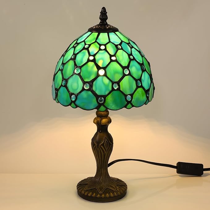 Tiffany Style Small Table Lamp,Green Beads Stained Glass 3 Color Temperature Antique Table Lamps,Bedside Nightstand Lamp for Bedroom,Living Room,Home Office, Include LED Bulb,8X8X15Inch