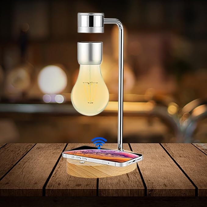 Magnetic Levitating Light Bulb Lamp, Floating LED Bulb Desk Lamp with Wireless Charger, Rotating Levitating Bulb Night Lights for Room Office Decoration (Silver)