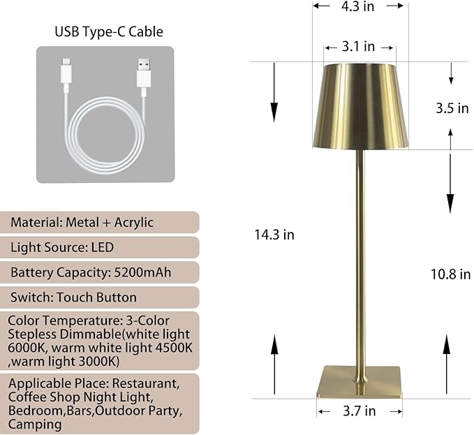 MIOBLUE 2 Rechargeable Desk Lamps, Portable LED Desk Lamps, Powered by 5200mAh Batteries, with Three Color stepless dimming, Suitable for bedrooms/Restaurants/desks, bar counters (Gold)