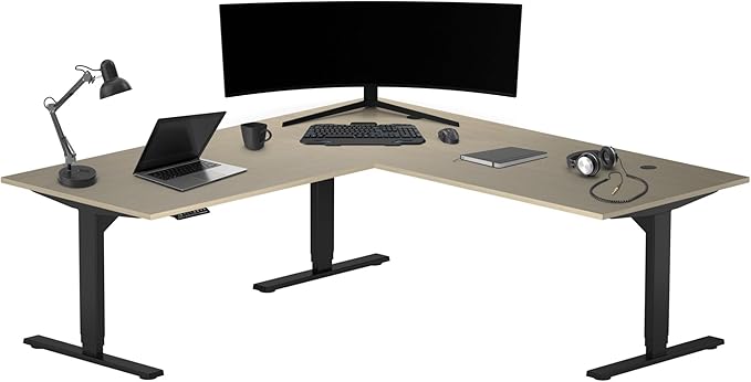 Progressive Desk Height Adjustable Electric Standing Desk - L Shaped 72" x 72" Computer Stand Up Rising Workstation Corner Table - Black Frame, Bright Beech Top