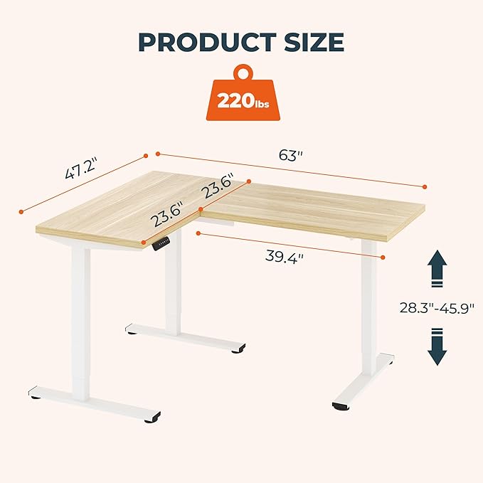 L-Shaped Standing Desk, 63 x 47 Inches Height Adjustable Desk with Storage, Sit and Stand up for Work Office Home, Ergonomic Rising Computer Table for Home Office with Splice Board, Maple