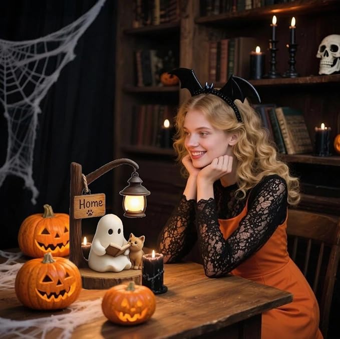 New 3D Resin Cat Ghost Reading Light Bo,Halloween Decoration Room Decoration, Suitable for Family,School, Party Gifts