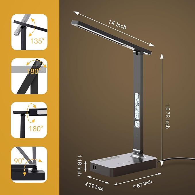 Power Strip with LED Desk Lamp, 2 Outlets 1 USB-A Ports 1 Type-C Ports, Small Desk Lamp with Surge Protection and Led Display, 5ft Extension Cord, 5 Color Modes 5 Brightness, Dorm Room Essentials