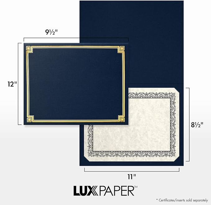 LUXPaper 9.5" x 12" Certificate Holders | Nautical Blue Linen | Embossed Gold Foil Border | 100lb. Cover | 25 Qty