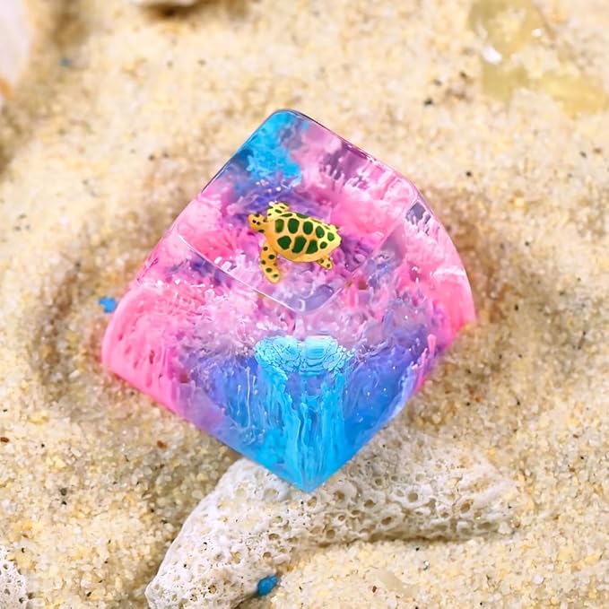 Sea Turtle Artisan Keycap Pink and Blue Ocean Coral R1 SA Profile Custom Sea Creatures Keycaps 1U ESC Handmade Gaming Resin Key Cap Cherry MX Switch Compatible Mechanical Keyboard Turtle Lover Gift