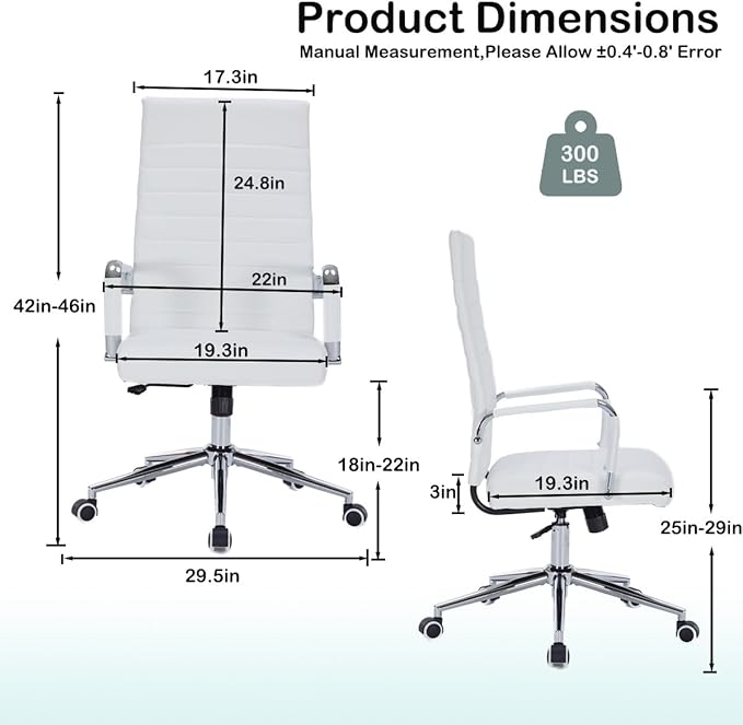 Modern High Back Office Desk Chair, PU Leather Ribbed Ergonomic Executive Conference Chair, Adjustable Swivel Task Chair with Arms, White