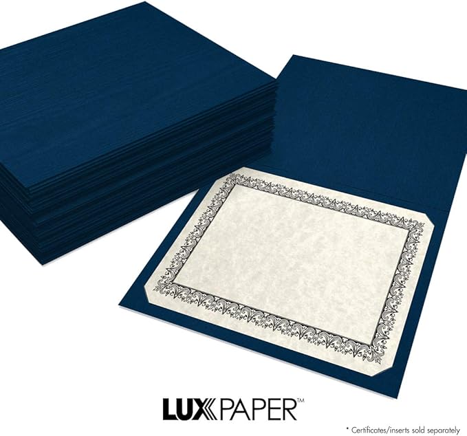 LUXPaper Certificate Holders for 8 1/2 x 11 Certificates or Documents in 100 lb. Nautical Blue Linen, Display Folder for Paper Awards, 100 pack, Holder Size 9 1/2 x 12 (Blue)
