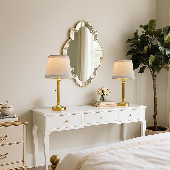 Oneach 19.5” Gold Table Lamps Set of 2, Pull Chain Switch Bedside Table Lamps, Modern Nightstand Lamp with White Linen Shade, Small Brass Lamp for Living Room, Bedroom, Home Office, Nursery