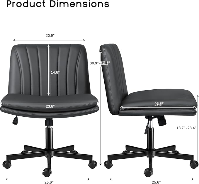 PUKAMI Criss Cross Chair with Wheels,PU Leather Armless Cross Legged Office Desk Chair for Home Office,Modern Swivel Height Adjustable Wide Seat,Grey