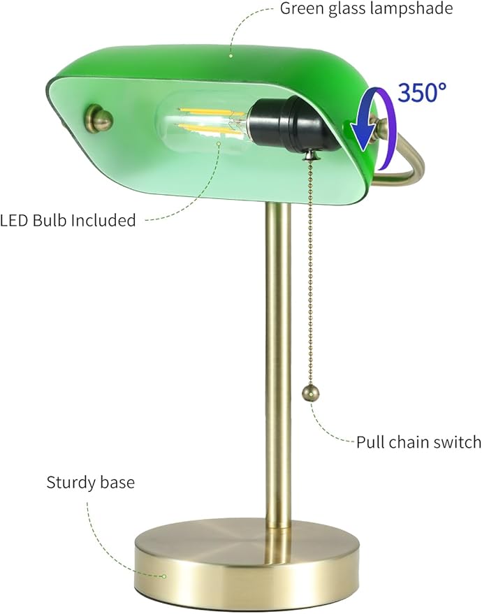 Newrays Traditional Green Glass Bankers Desk Lamp with Pull Chain Switch Plug in Fixture,LED Bulb Included