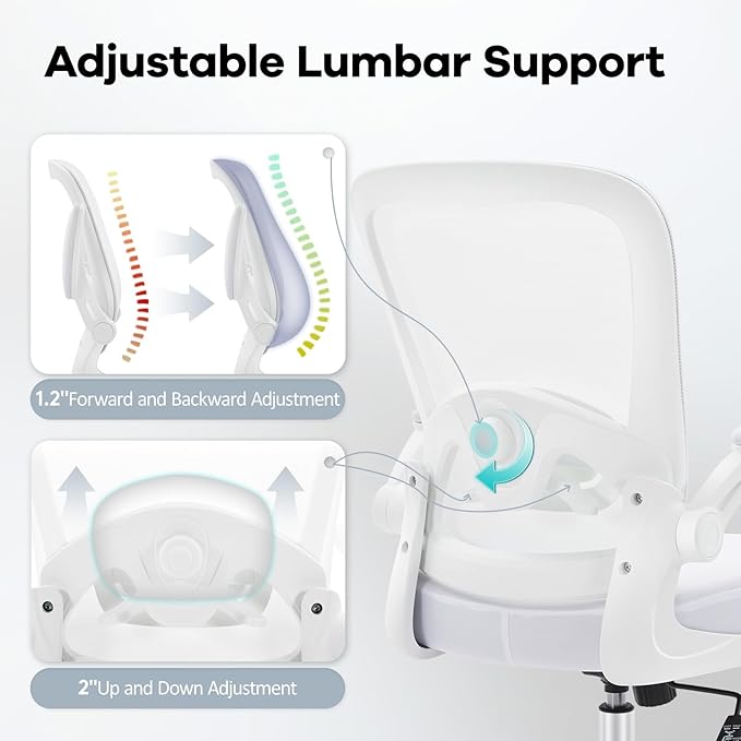 Office Chair,Ergonomic Desk Chair with Adjustable Lumbar Support, Mesh High Back Computer Chair with Flip-up Armrests,Rocking Tilt Rolling Swivel Executive Chair for Home Office White