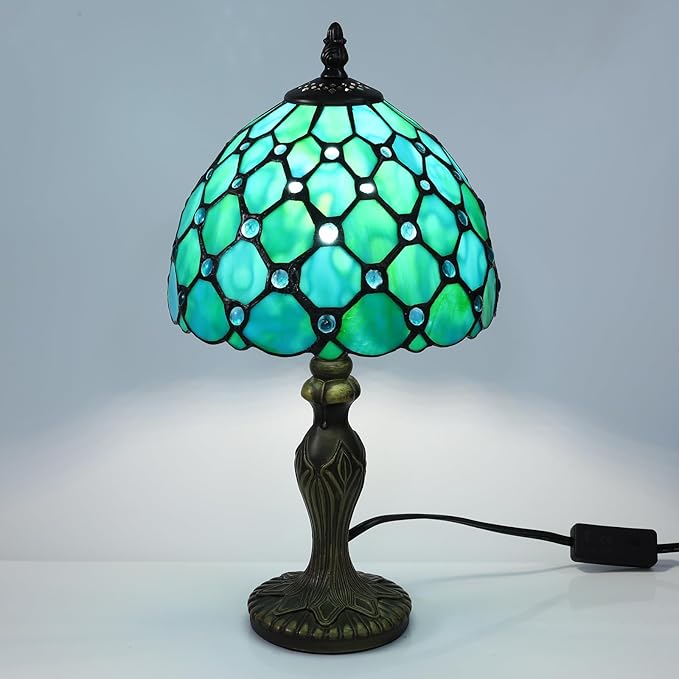 Tiffany Style Small Table Lamp,Green Beads Stained Glass 3 Color Temperature Antique Table Lamps,Bedside Nightstand Lamp for Bedroom,Living Room,Home Office, Include LED Bulb,8X8X15Inch