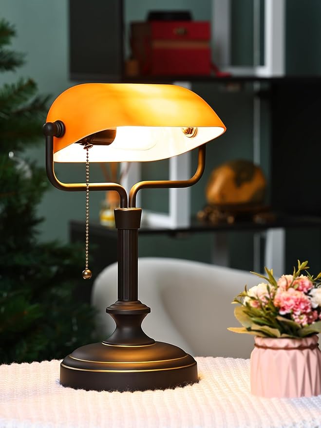 Traditional Banker's Desk Lamp with Glass Shade,Pull Chain Switch, LED Bulb Included (Antique Black+Matt Amber)