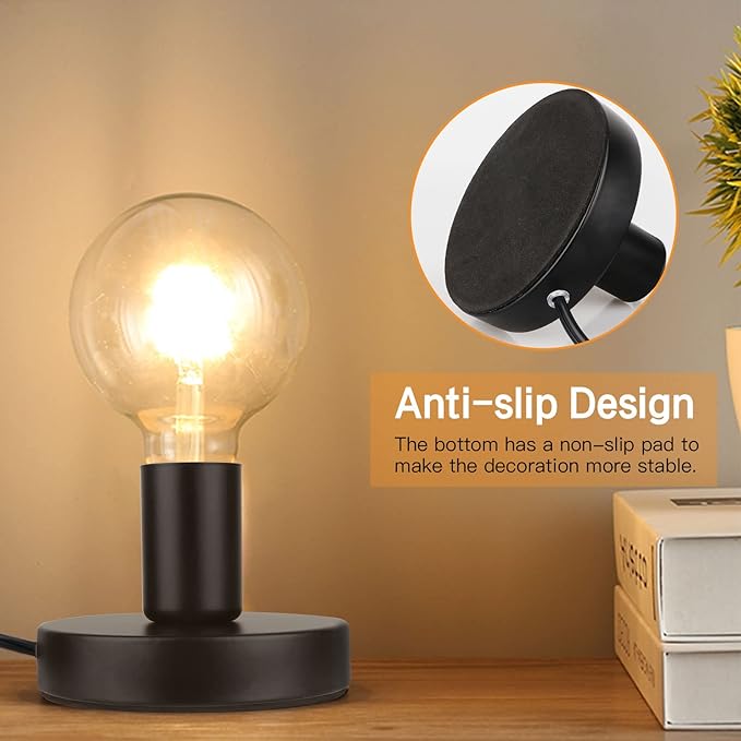Helunsi Industrial Table Lamp Base, E26 E27 Lamp Base Without Shade, Mini Short Desk Lamp Exposed Bulb Base, Simple Metal Edison Light Bulb Stand, with 5.8ft Cord Switch Plug Bulb Base Holder (Black)