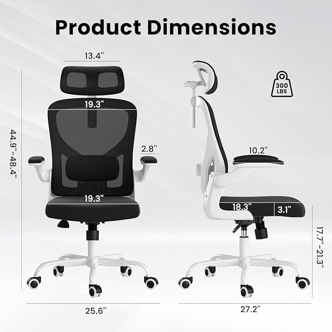 Soohow Ergonomic Office Chair, Office Mesh Desk Chair with Adjustable Lumbar Support Armrests, Comfy Computer Desk Chair with Headrest, for Home and Office, White & Black