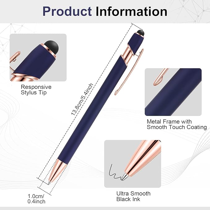 Tenare 12 Pieces 2 in 1 Stylus Metal Ballpoint Pen with Stylus Tip, 1.0 mm Black Ink Ballpoint Pen for Touch Screens(Cyan and Rose Gold)
