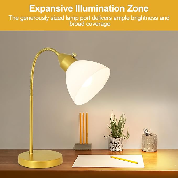 LED Desk Lamp for Home Office, 3 Levels Dimmable Reading Light, Flexible Gooseneck Table Lamp for Bedside Office, Rotary Switch Control, Desk Lamp for College Dorm Study Lamp, Bulb Included, Gold