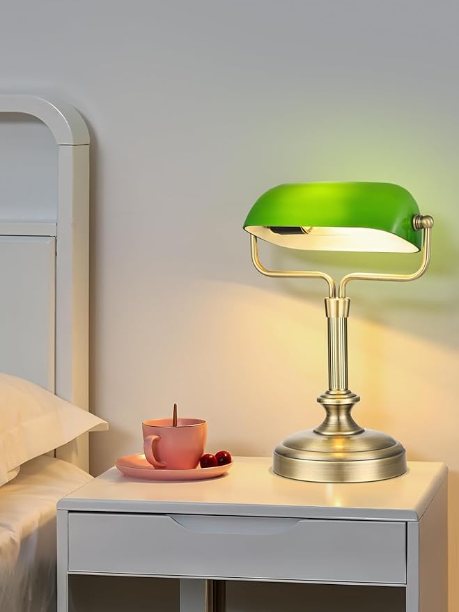 Traditional Banker's Desk Lamp with Glass Shade,Pull Chain Switch, LED Bulb Included (Antique Brass+Green+Touch)