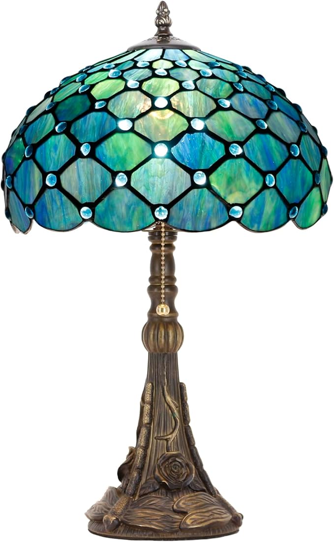 Tiffany Stained Glass Table Lamp 12X12X19 Inch Sea Blue Pearl Style Desk Bedroom Living Room Reading Light (Sea Blue Pearl)