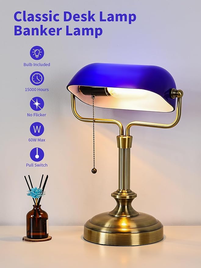 Traditional Banker's Desk Lamp with Glass Shade,Pull Chain Switch, LED Bulb Included (Antique Brass+Blue)