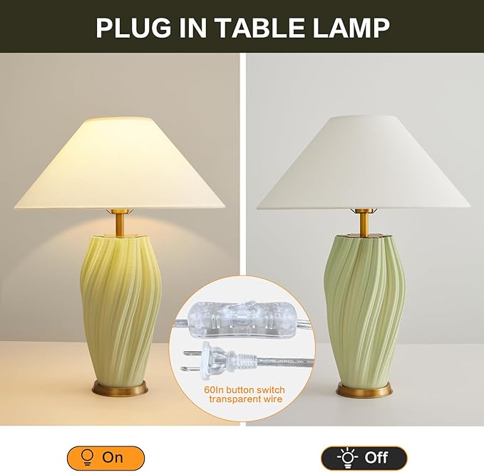 Modern E26 Ceramic Table Lamps 20.5", Sage Green Plug in Table Lamp Funky Decor for Living Room Desk End Bedroom Bedside Room Office