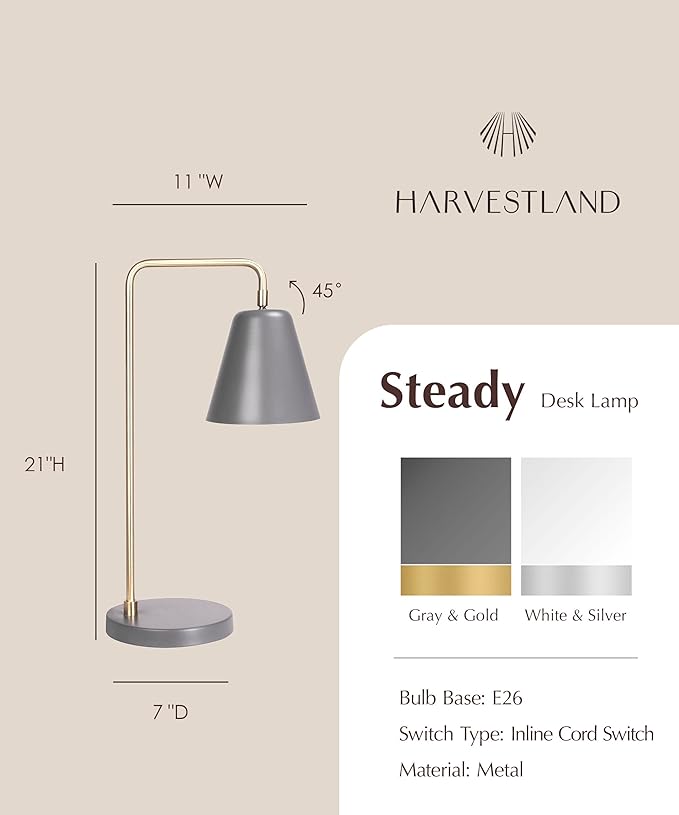 HarvestLand Steady Brass Desk Lamp – Adjustable Industrial Table Lamp with Solid Base, Lamp for nightstand, Desk Lamp Home Office and Bedside Table Lamp