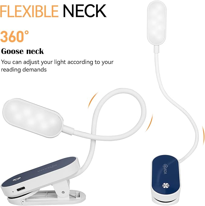 VAVOFO Rechargeable Book Light, 14 LEDs Eye Care Clip On Amber Reading Light for Bookworms Reading in Bed with 9 Colors 9 Brightness (White-Blue)