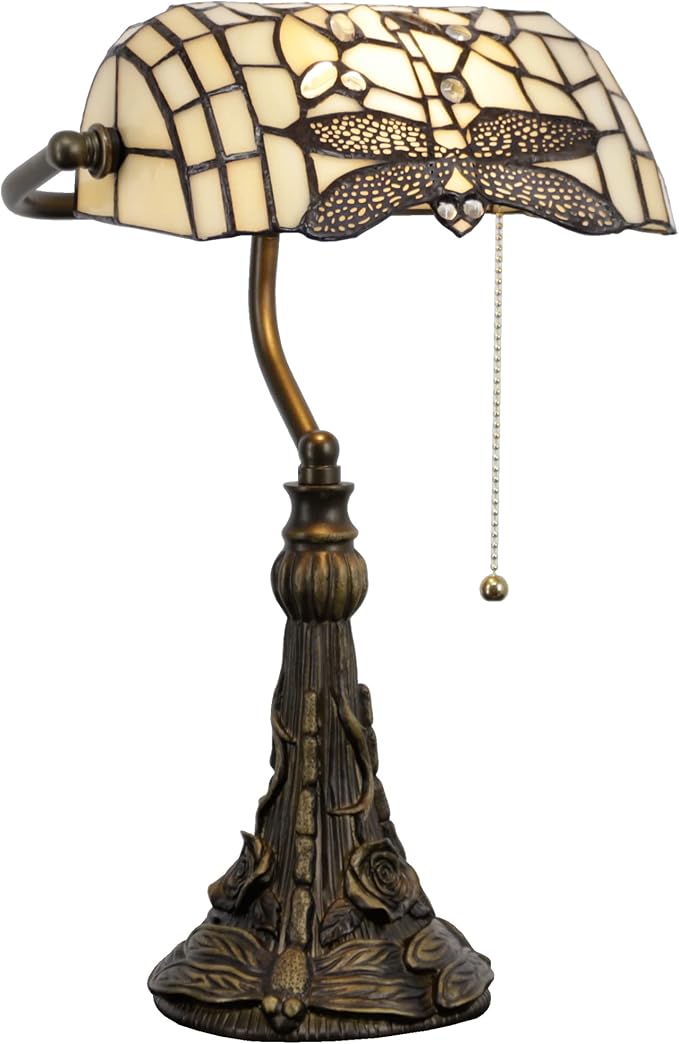 Tiffany Banker Lamp Small Stained Glass Table Lamp Tiffany Style Piano Light Cream Dragonfly Style Desk Lamp Angle Adjustable 10.6X15.7 Inch for Home Office Living Room Bedroom