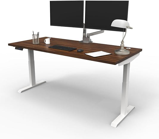 Lift It, 66"x30" Electric Height Adjustable Desk for Office or Home, Dual Motor, 4 Memory/USB Charging LED Control, Walnut Block Top and White Frame