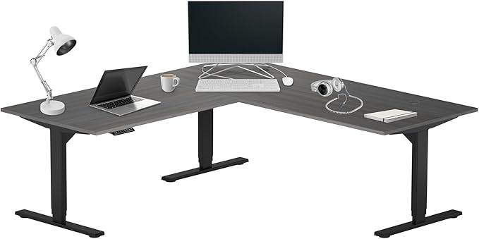 Progressive Desk Height Adjustable Electric Standing Desk - L Shaped 72" x 72" Computer Stand Up Rising Workstation Corner Table - Black Frame, Gray Oak Top