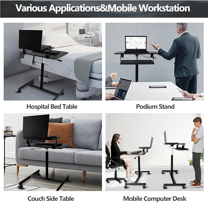 Mobile Standing Desk,Rolling Desk Adjustable Height,Laptop Cart on Wheels with Keyboard Tray&Monitor Stand Riser,Overbed Table for Home,Office,Podium (Black)