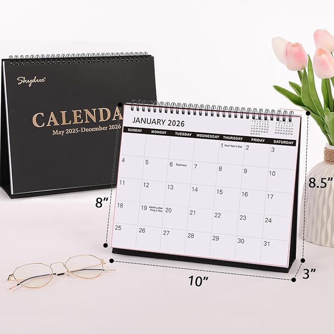 SKYDUE Desk Calendar 2025-2026, Jul 2025 to Dec 2026, 18 Months Small Desk Calendar with Planner Stickers, 10" x 8" Desktop Calendar Planner, Black