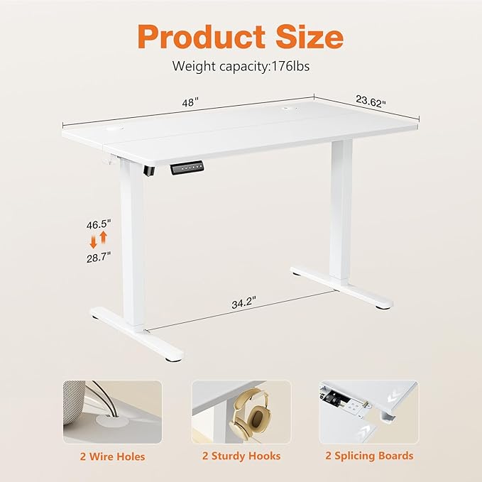Sweetcrispy Standing Desk Adjustable Height, 48inch Electric Sit Stand up Desk for Home Office, Modern Rising Work Table for Computer Laptop, Lift Gaming Desk Sturdy Ergonomic Workstation, White