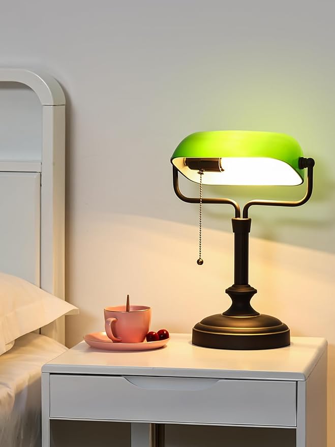 Traditional Banker's Desk Lamp with Glass Shade,Pull Chain Switch, LED Bulb Included (Antique Black+Green)