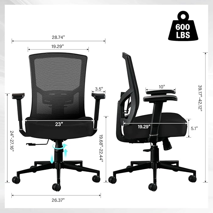 Big and Tall Office Chair 600lbs, Ergonomic High Back Computer Desk Chair for Heavy People with 2D Adjustable Waist Support and Heavy Duty Metal Base Mesh Chair