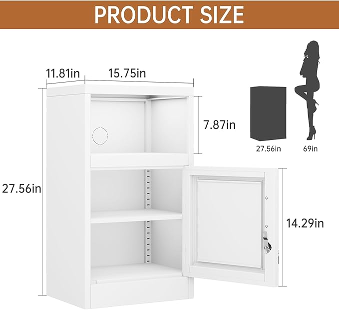 Metal White Nightstand with Lockable, 27.56" Small End Table Storage Cabinet with Door and Adjustable Shelf, Versatile Side Table for Bedroom, Living Room or Office (White)