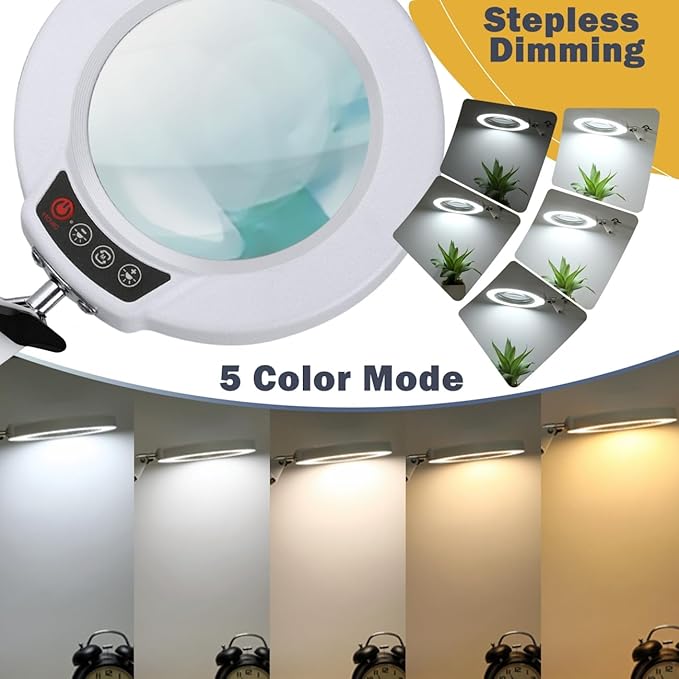 LANCOSC 10X Magnifying Glass with Light and Clamp, 5 Color Modes Stepless Dimmable Lighted Magnifier with Light, Adjustable Swing Arm LED Desk Lamp Hands Free for Close Work Crafts Painting - White