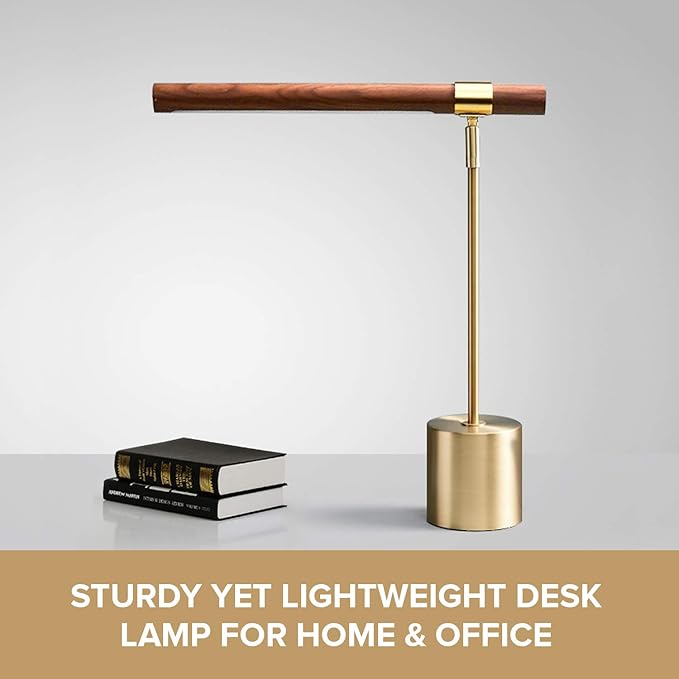 Modern Banker Slim Table Lamp - LED Desk Light - Wood Brass Lamp - Adjustable Table Lamp - Mid Century Desk Lamp for Home, Bedside, Office - Steampunk MCM Mid Modern Century