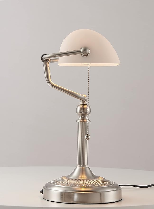 Newrays White Matted Glass Bankers Desk Lamp with Pull Chain Switch Plug in Fixture,Sand Nickel Base
