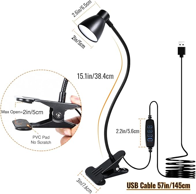 Clamp Desk Lamp, Clip on Reading Light, 3000K-6500K Adjustable Color Temperature, Multiple Illumination Modes, CRI>90, 6Watts (Adapter Not Included)