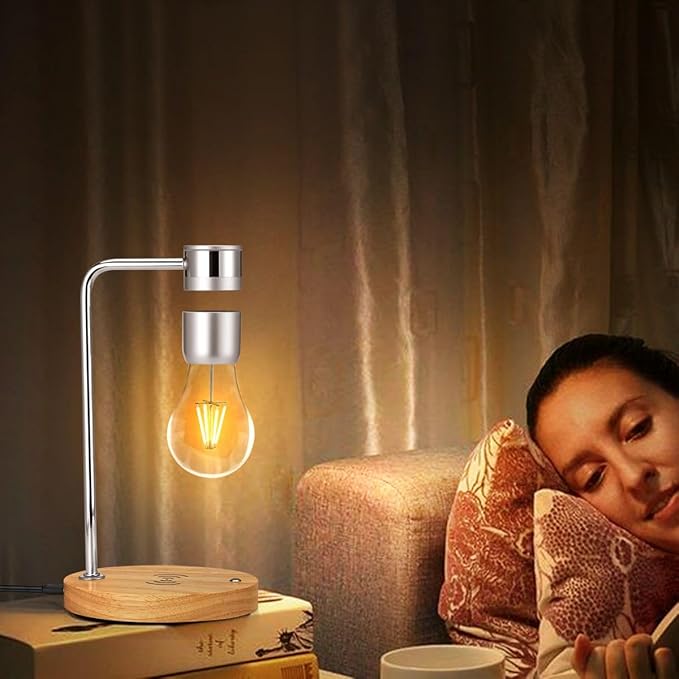Magnetic Levitating Light Bulb Lamp, Floating LED Bulb Desk Lamp with Wireless Charger, Rotating Levitating Bulb Night Lights for Room Office Decoration (Silver)
