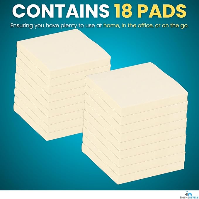 1InTheOffice Sticky Notes Yellow, Sticky Notes 3x3, Self Stick, 18/Pack = 100 Sheet/Pack