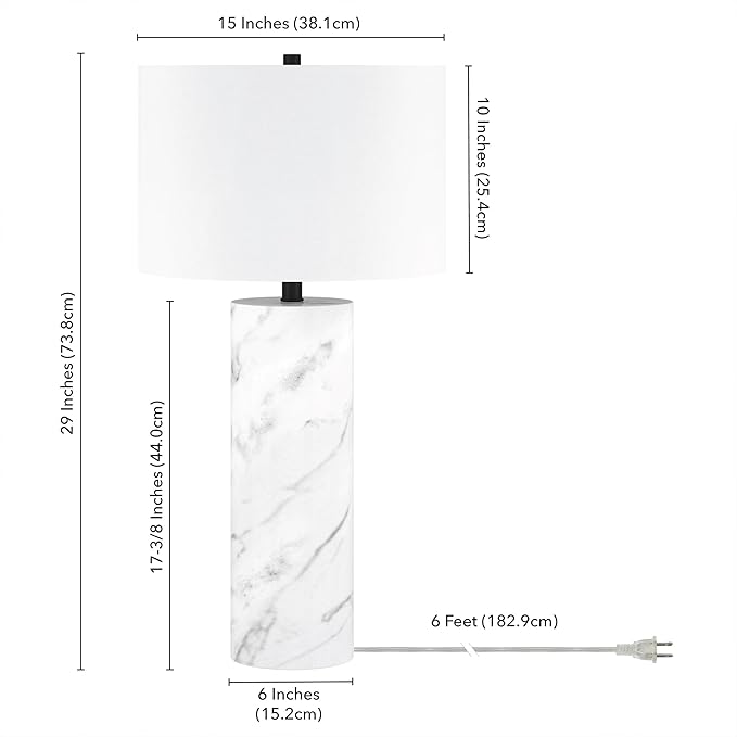 Henn&Hart 29.5'' Glam 1-Light Table Lamp with White Fabric Drum Shade for Living Room, Bedroom, or Office, Marble/Black