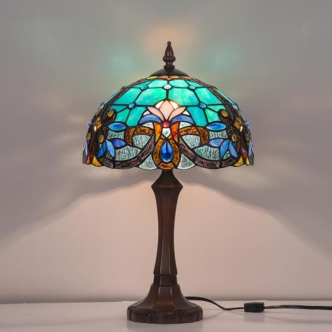 Tiffany Table Lamp,Green Stained Glass Table Light,Antique Style Medium Size Desk Lamp Vintage Bedside Reading Lamp for Living Room Bedroom Office