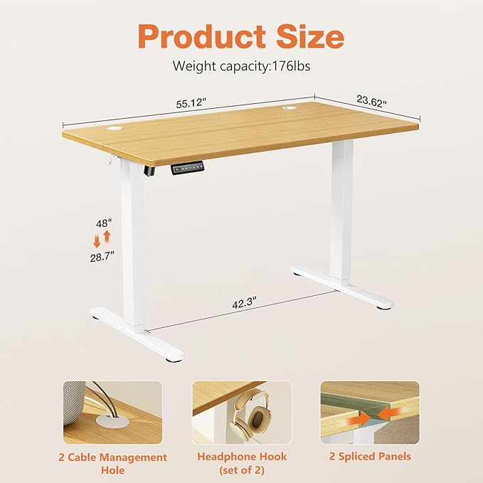Sweetcrispy Electric Standing Desk Adjustable Height, 55x24 Inch Sit Stand Up Home Office Desks Computer Workstation PC Work Table with 3 Memory Preset Splice Wood Board Metal Frame, Oak
