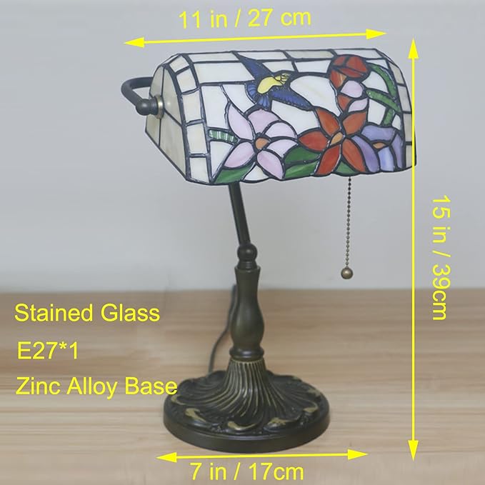 Tiffany Style Stained Glass Bankers Desk Lamp, Rose Flower Pattern, Multicolor, Alloy Base, 10.62" W x 15.35" H