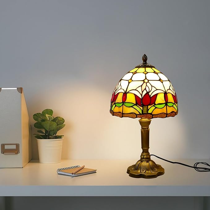 Tiffany Lamp Tulips Flower Stained Glass Table Lamp 8x8x14 Inches Flower Style Desk Reading Light Decor for Beside Bedroom Living Room Home Office with LED Bulb