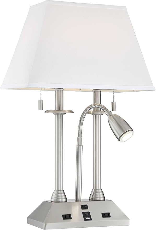 Possini Euro Design Dexter Modern Table Lamp 26" High with USB and AC Power Outlet in Base Brushed Nickel LED Reading Light White Linen Shade for Bedroom Living Room House Desk Bedside Nightstand