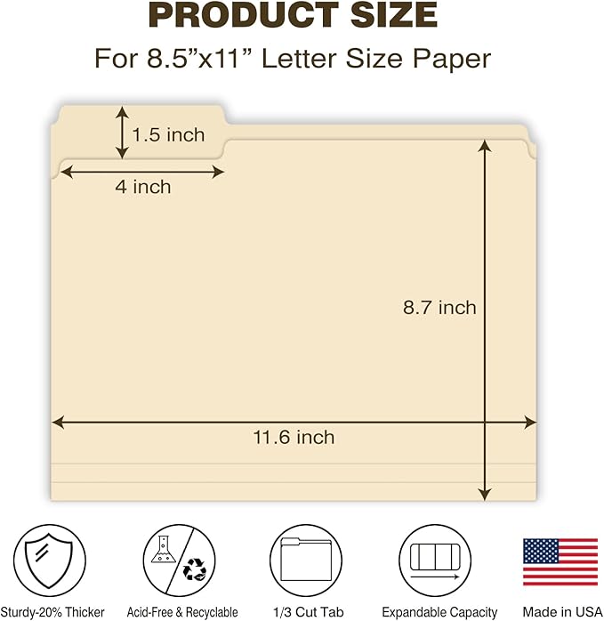 Manilla Folders Letter Size 8.5 x 11, 100 Pack, 1/3-Cut Tabs Manila File Folders, Heavyweight Durable 120LB Paper for Home, Office, School Filing, Made in USA